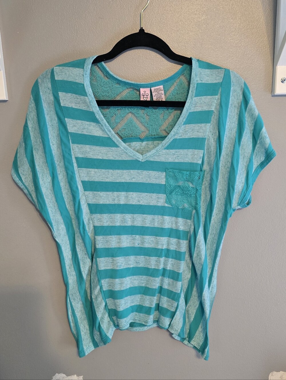 love on a hanger Teal and Light Teal Striped V-Neck Pocket Top